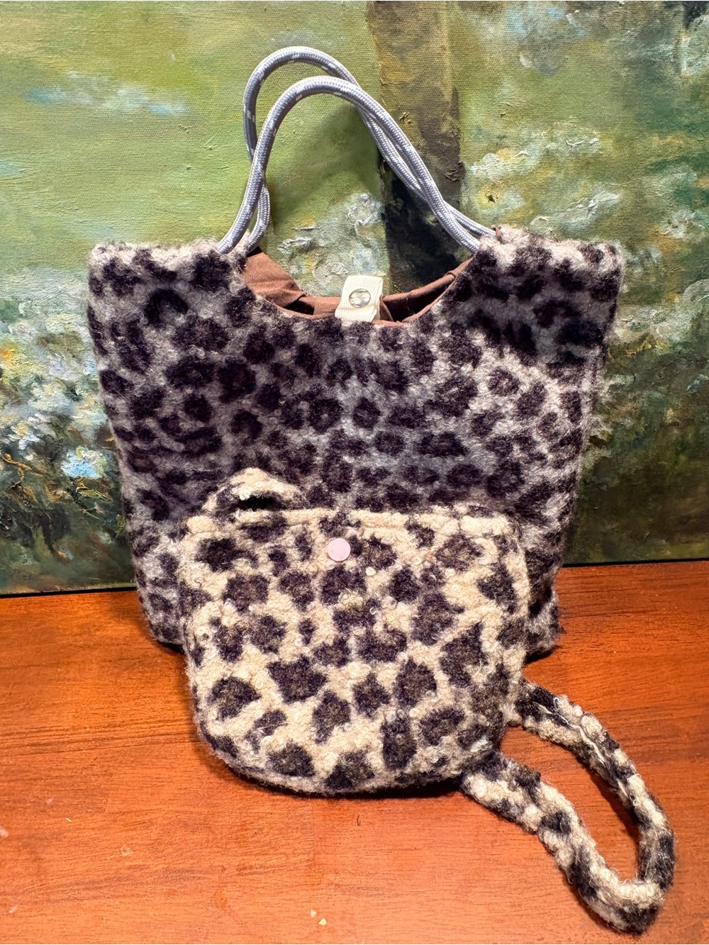 Leopard Print Faux Wool Tote and Crossbody Set